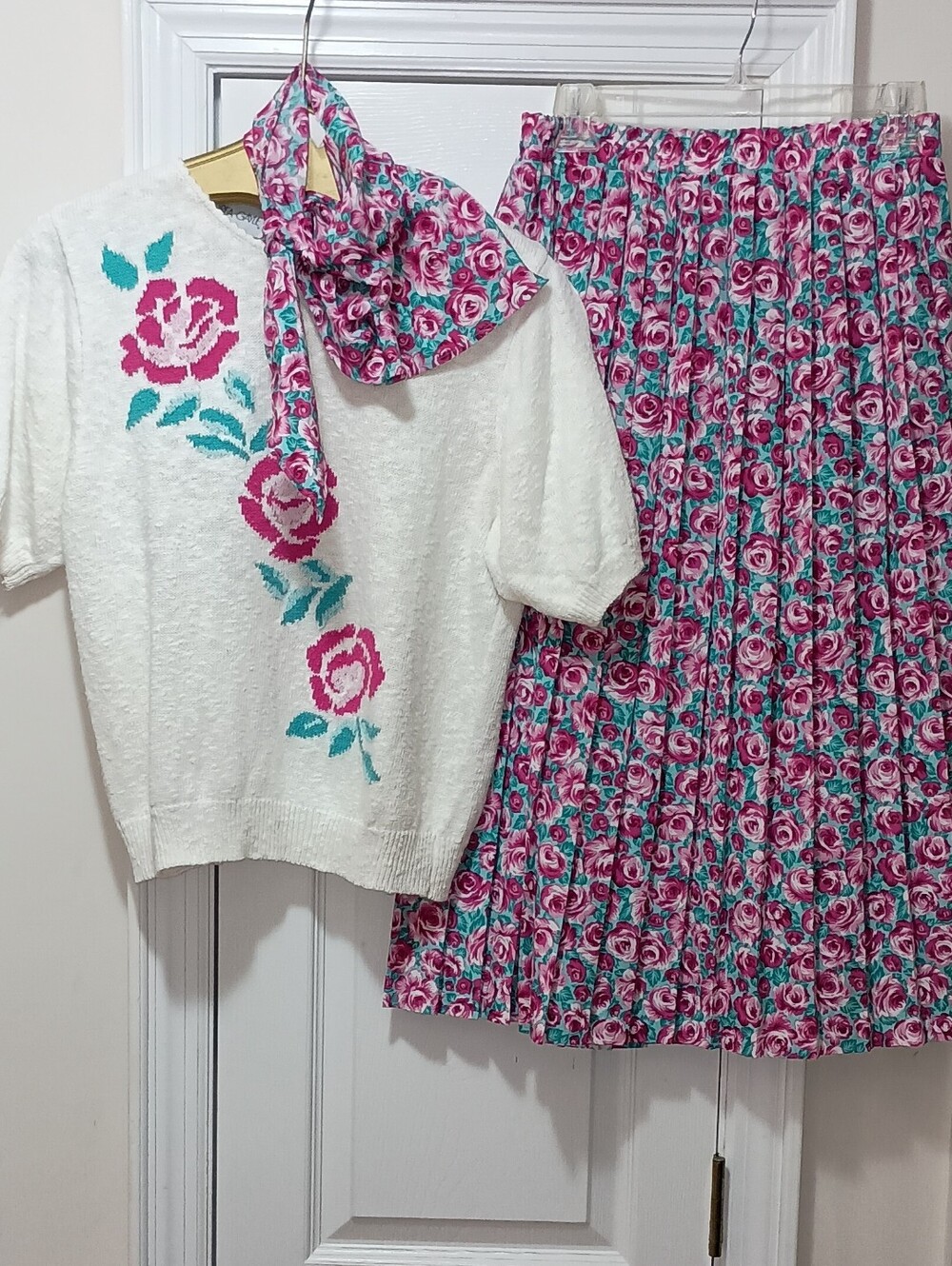 Andrea Gayle Vintage 80's Pink Green Rose Print Skirt Set